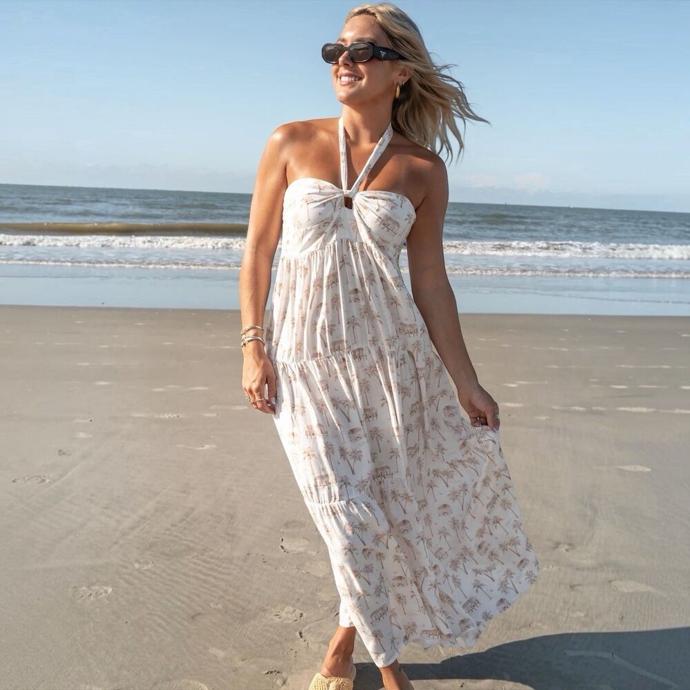 Kenny Flowers Sullivan's Island Palm Tree Halter Tiered Maxi Beach Dress Small